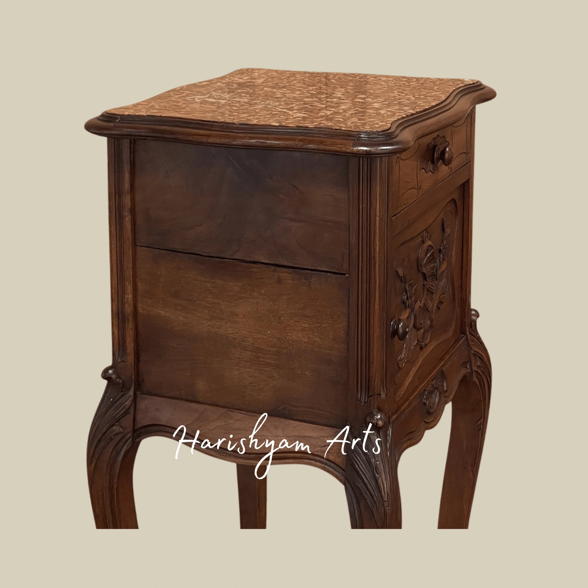 Wooden Nightstand with Carved Details and Vintage Storage