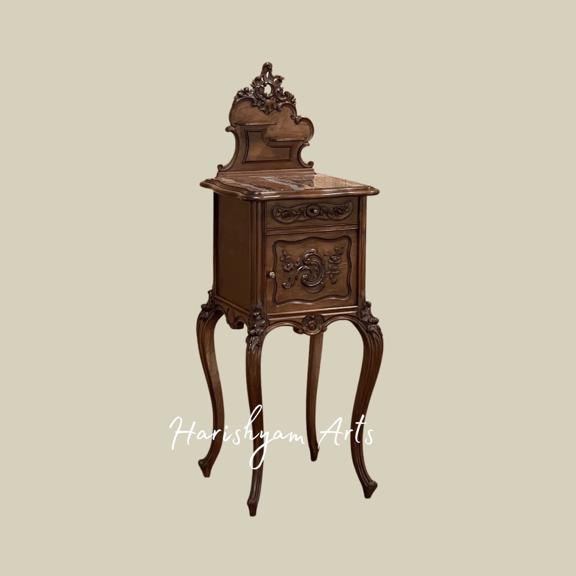 Wooden Nightstand with Carved Details and Vintage Storage