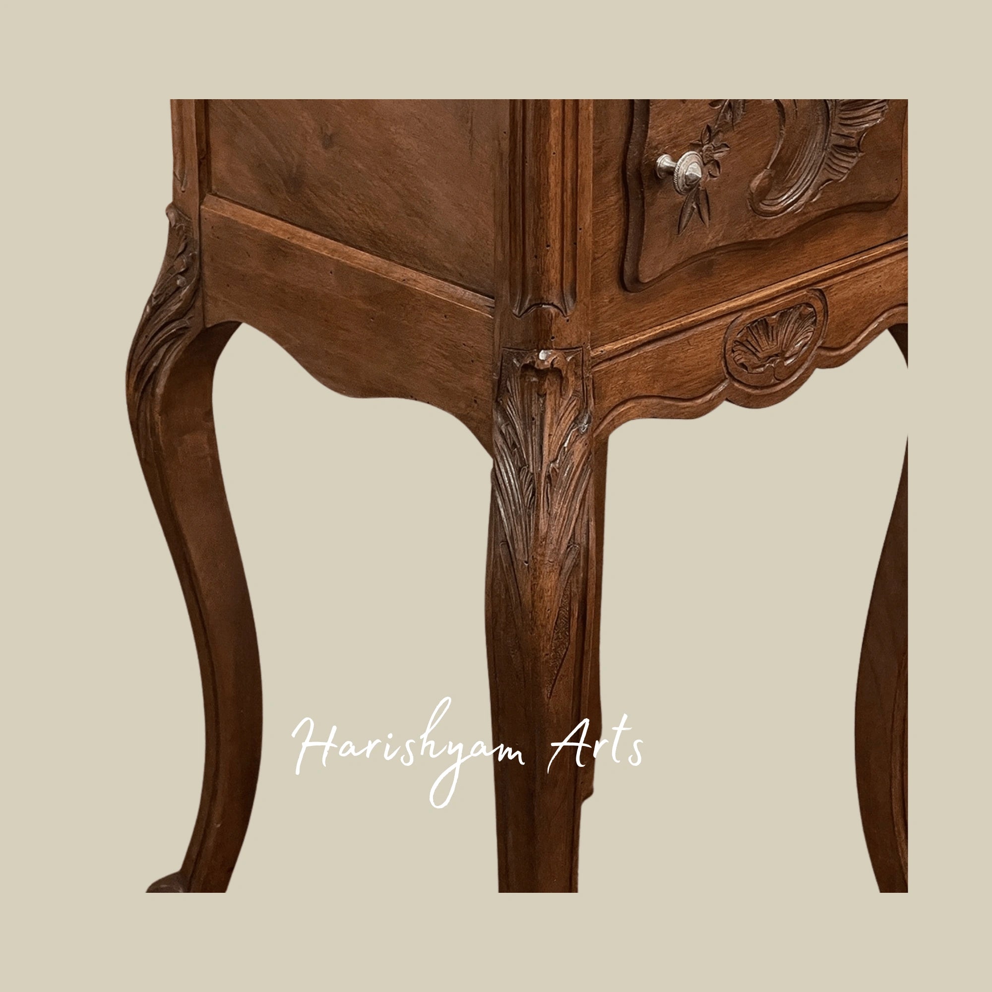 Wooden Nightstand with Carved Details and Vintage Storage