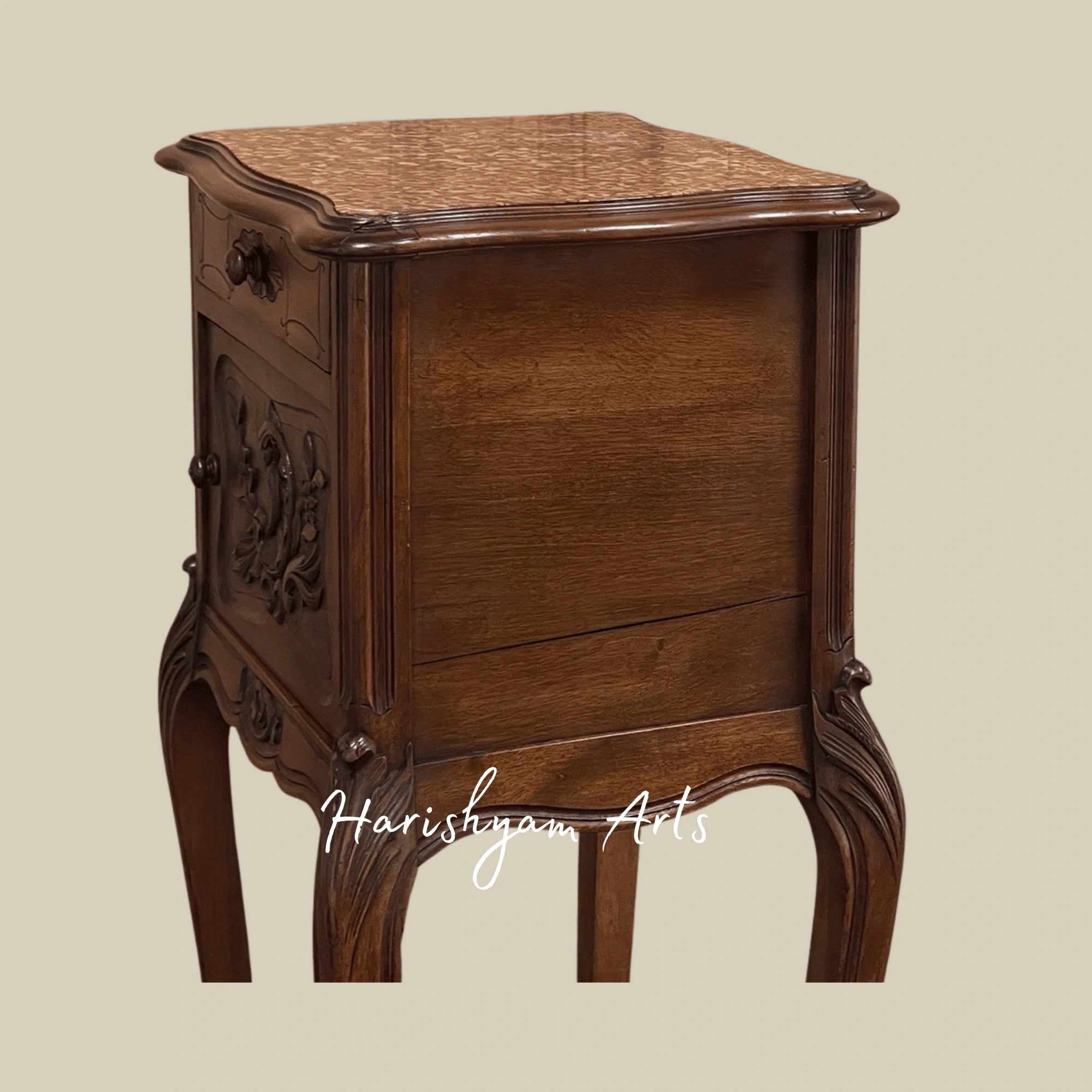 Wooden Nightstand with Carved Details and Vintage Storage
