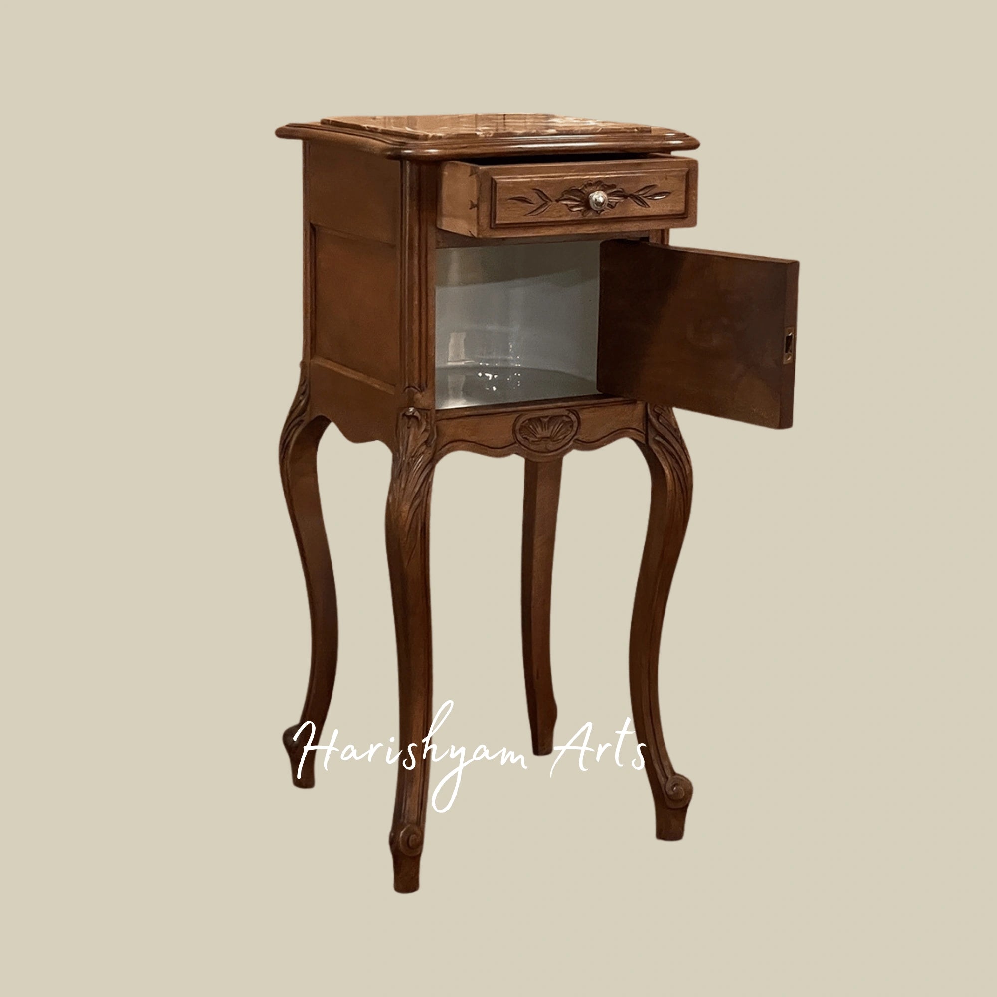 Wooden Nightstand with Carved Details and Vintage Storage