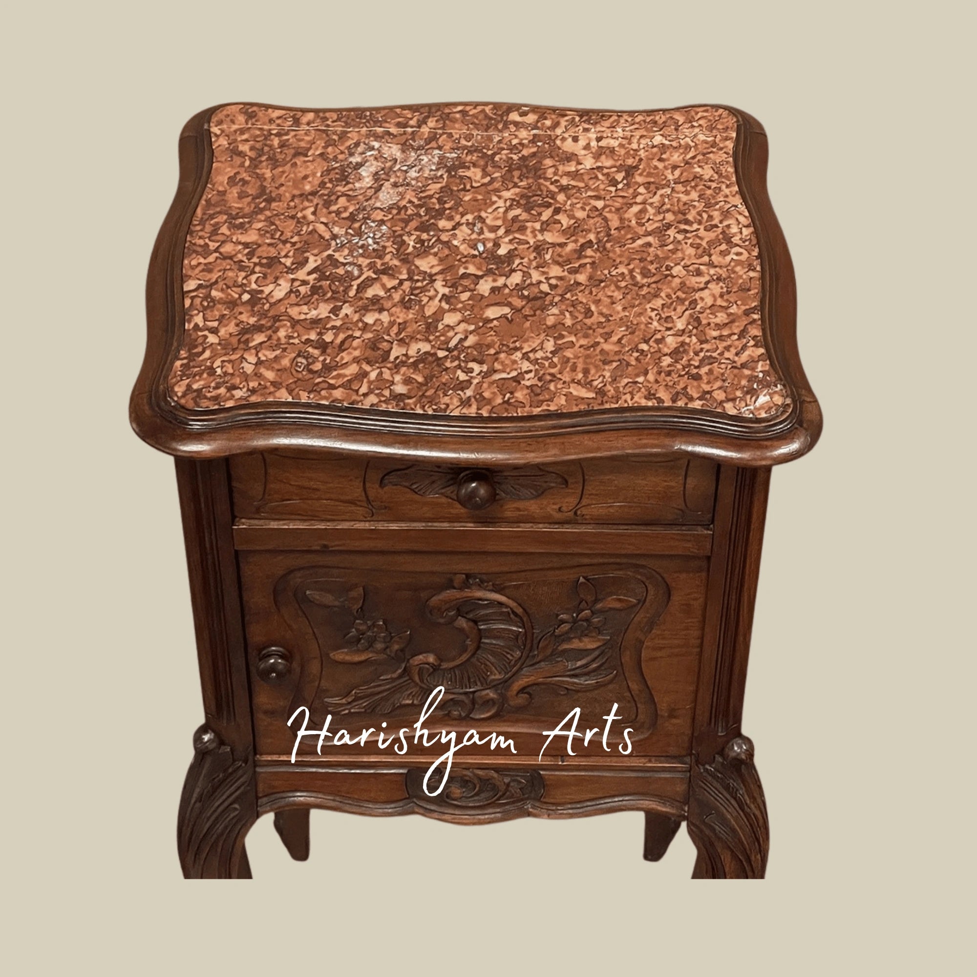 Wooden Nightstand with Carved Details and Vintage Storage