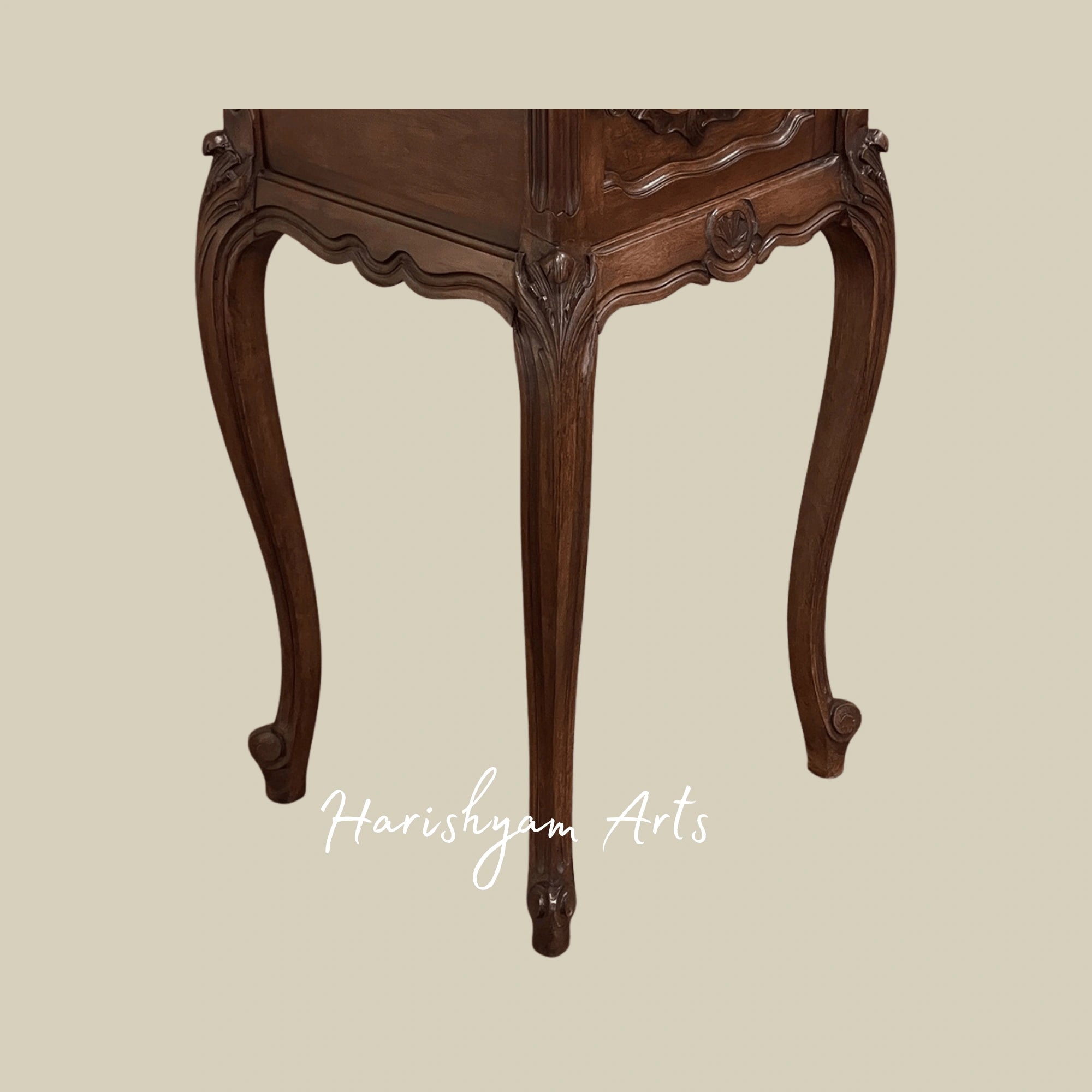 Wooden Nightstand with Carved Details and Vintage Storage