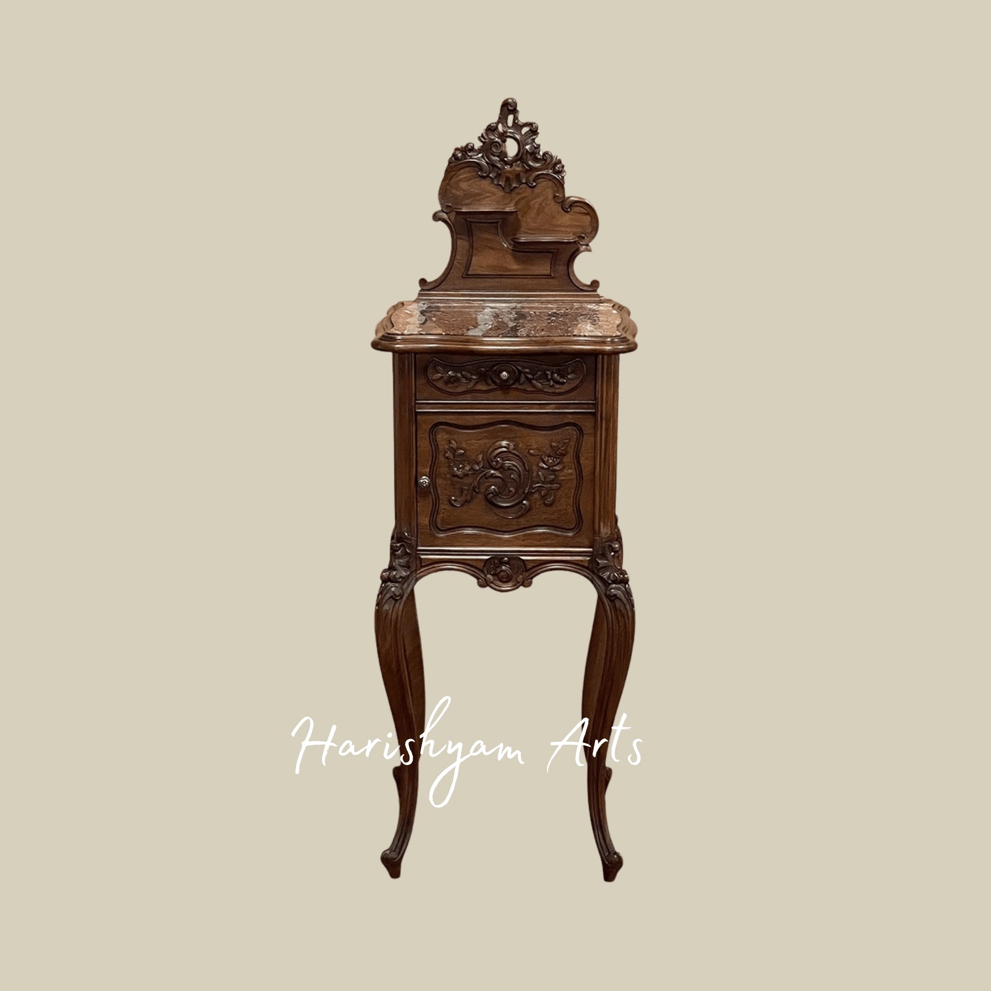 Wooden Nightstand with Carved Details and Vintage Storage