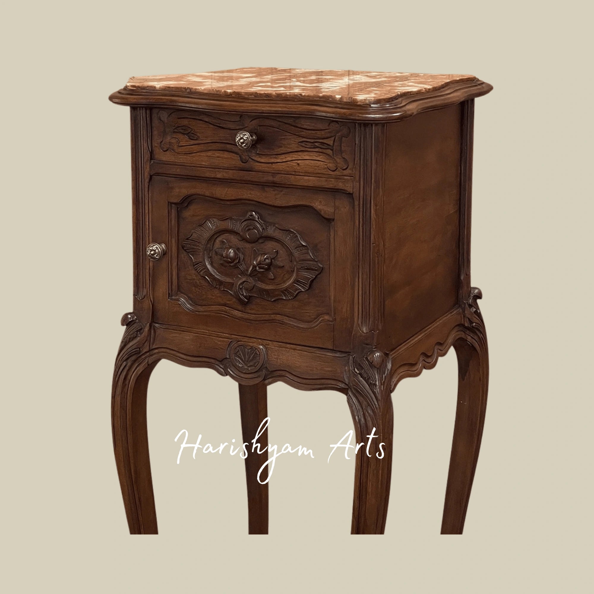Wooden Nightstand with Carved Details and Vintage Storage