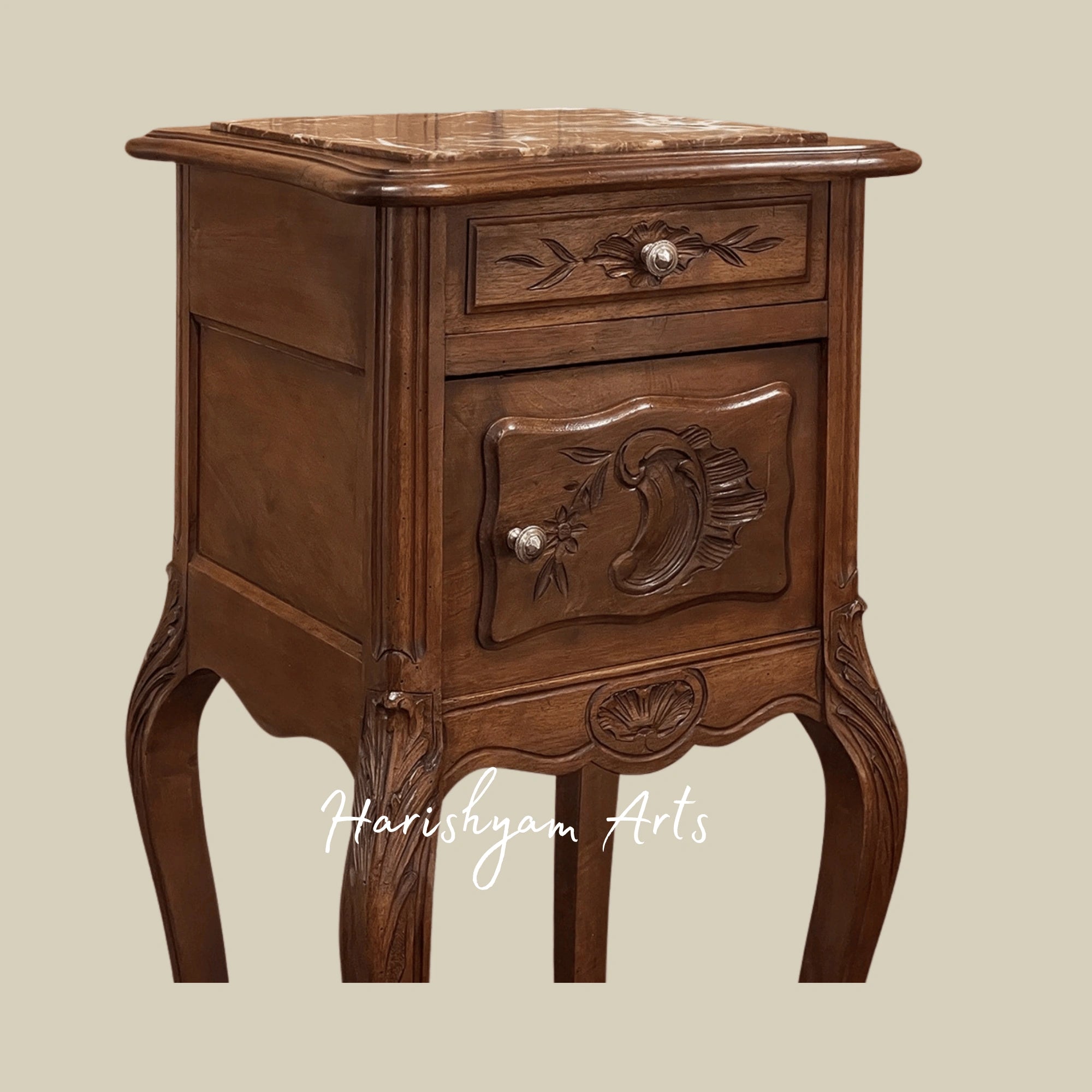 Wooden Nightstand with Carved Details and Vintage Storage