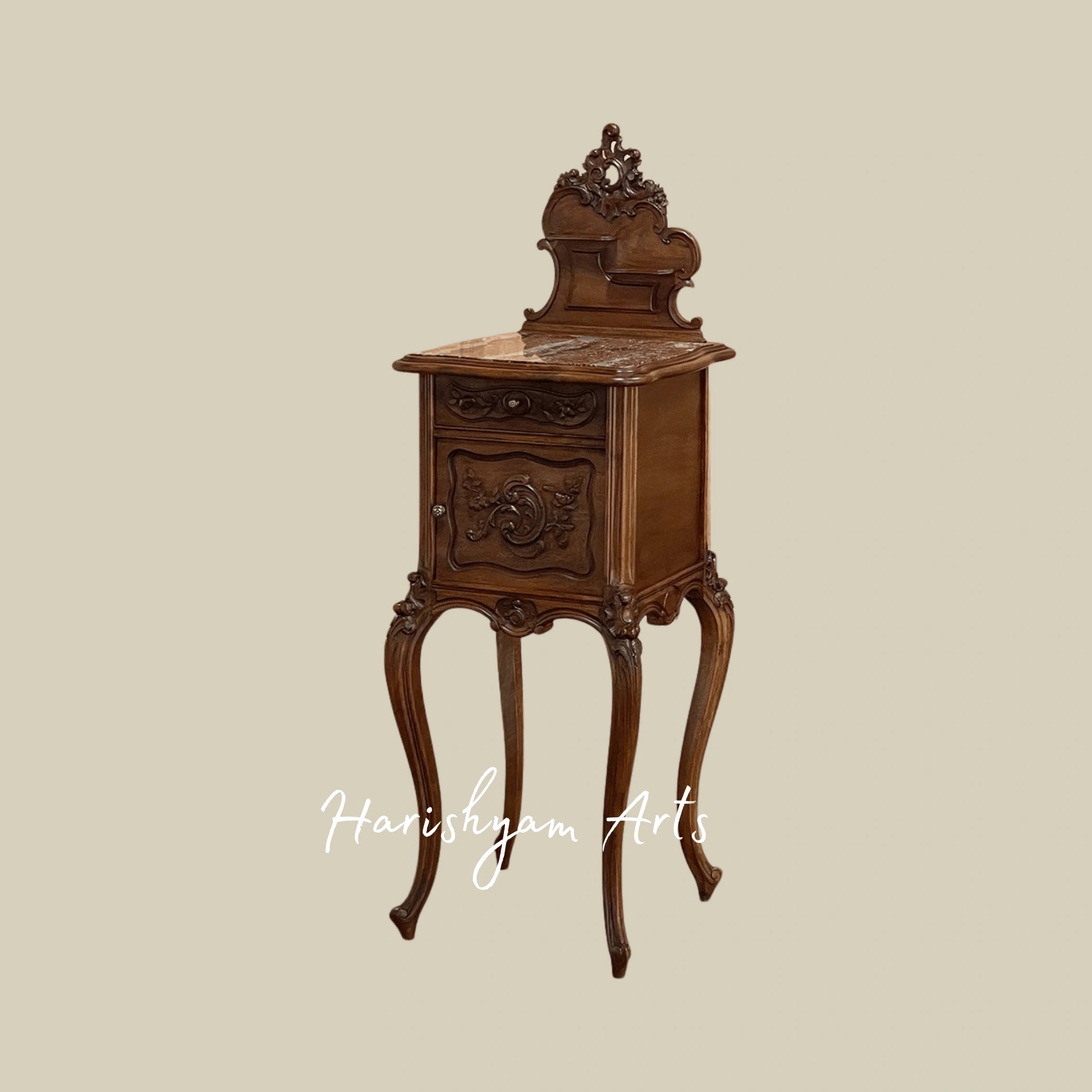 Wooden Nightstand with Carved Details and Vintage Storage