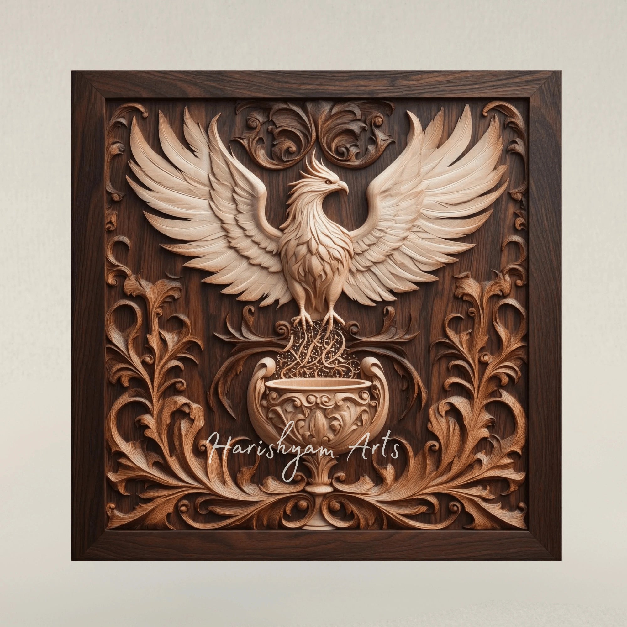 Wooden Phoenix Sculpture Representing a Mythical Bird in Flight