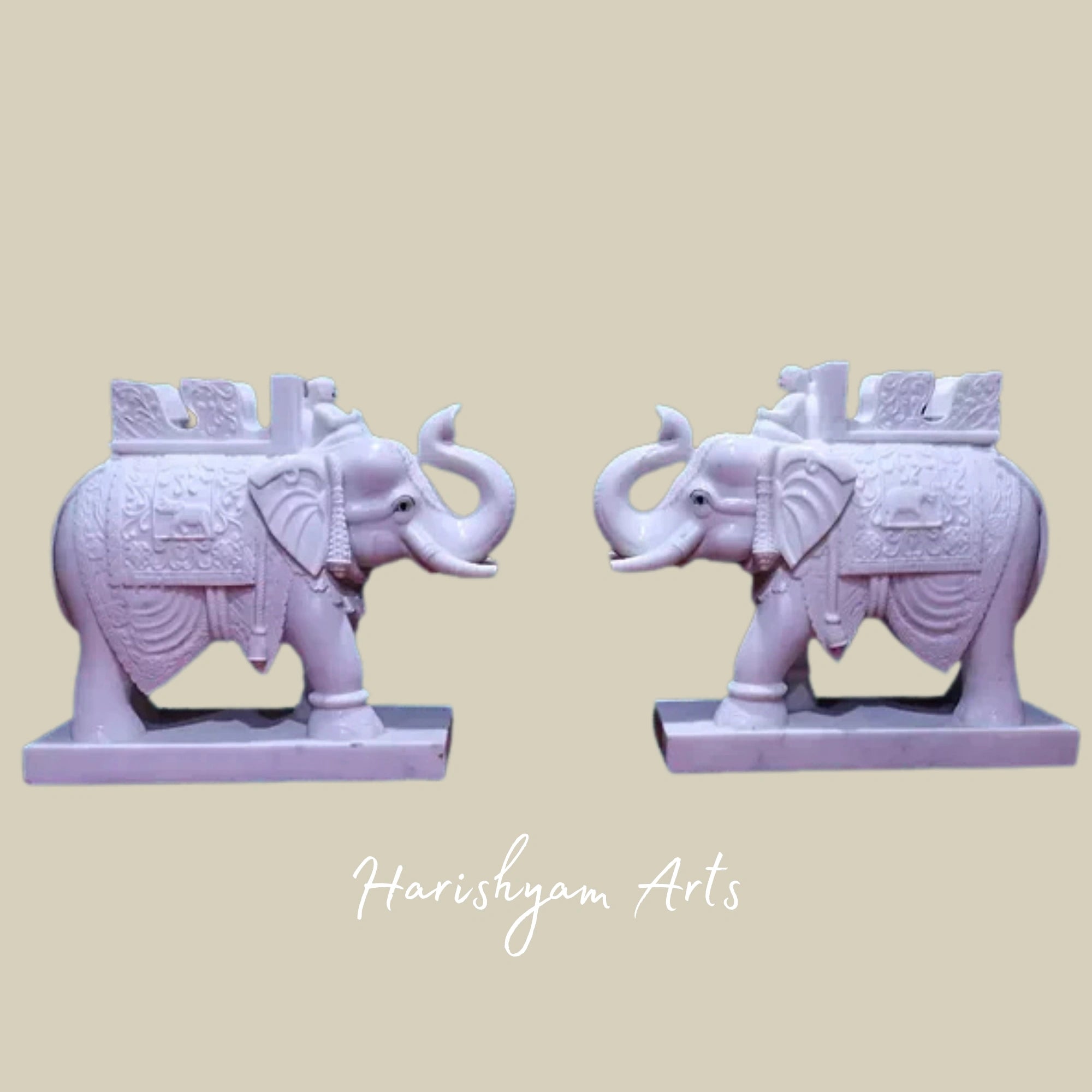 30" Handcrafted Pair of Royal White Makrana Marble Elephant Sculptures