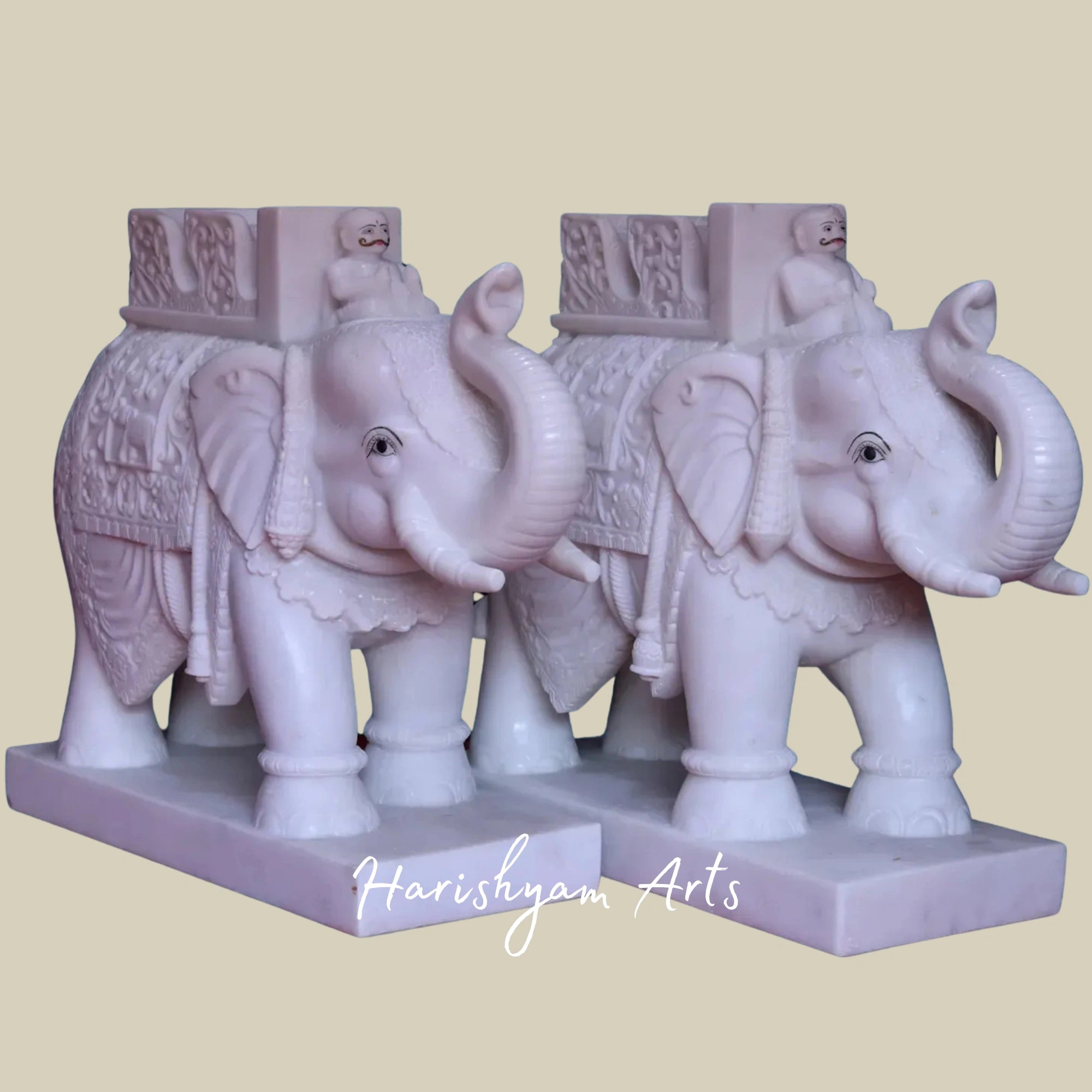 30" Handcrafted Pair of Royal White Makrana Marble Elephant Sculptures