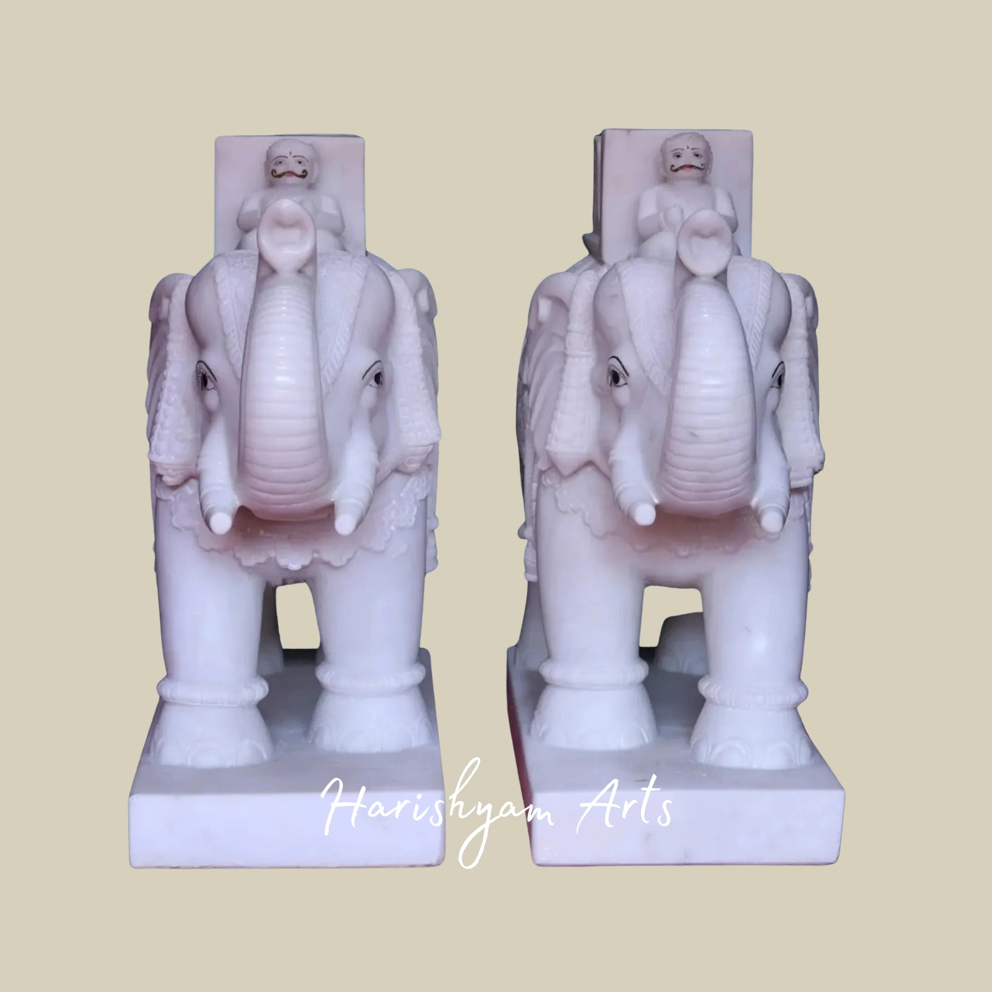 30" Handcrafted Pair of Royal White Makrana Marble Elephant Sculptures