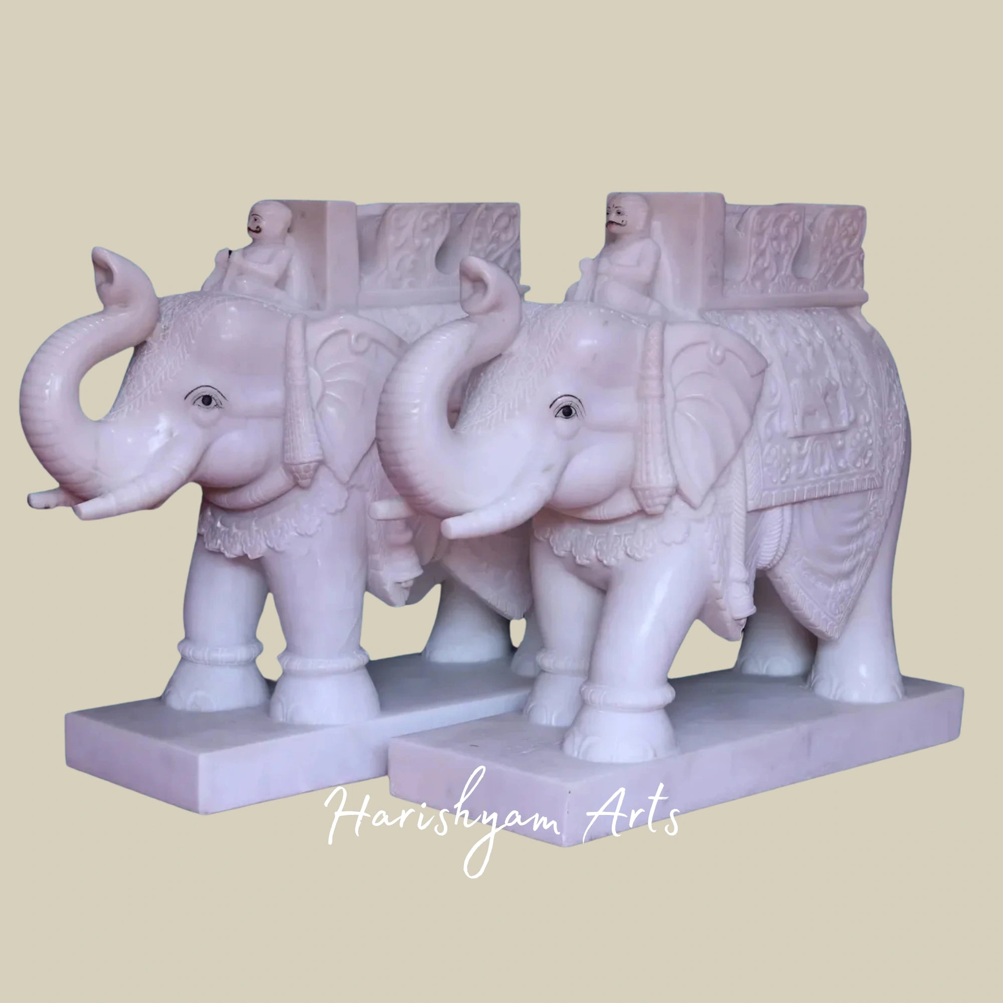 30" Handcrafted Pair of Royal White Makrana Marble Elephant Sculptures