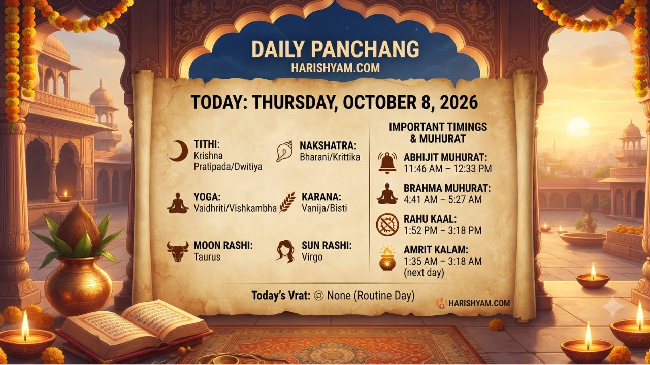 Aaj Ka Panchang 08 October 2026: Tithi, Nakshatra, Rahu Kaal, Shubh Muhurat & Choghadiya