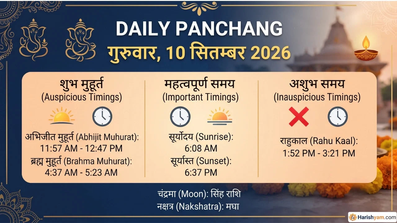 Aaj Ka Panchang 10 September 2026: Tithi, Nakshatra, Rahu Kaal, Shubh Muhurat & Choghadiya