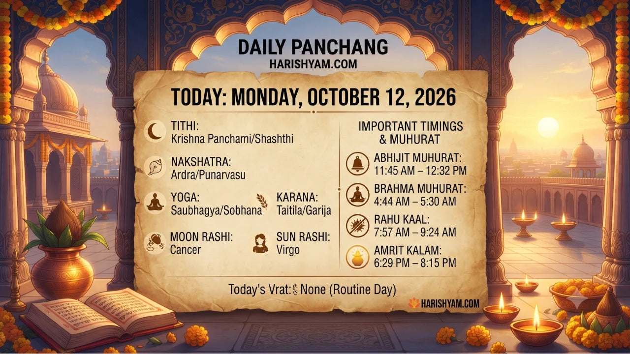 Aaj Ka Panchang 12 October 2026: Tithi, Nakshatra, Rahu Kaal, Shubh Muhurat & Choghadiya