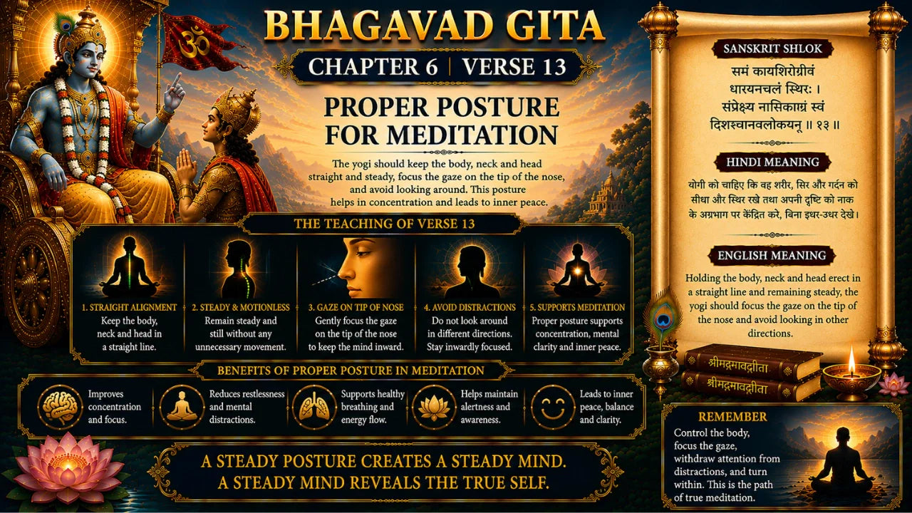 Bhagavad Gita Chapter 6 Verse 13 Meaning in Hindi & English