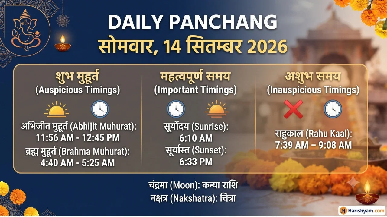 Aaj Ka Panchang 14 September 2026: Tithi, Nakshatra, Rahu Kaal, Shubh Muhurat & Choghadiya