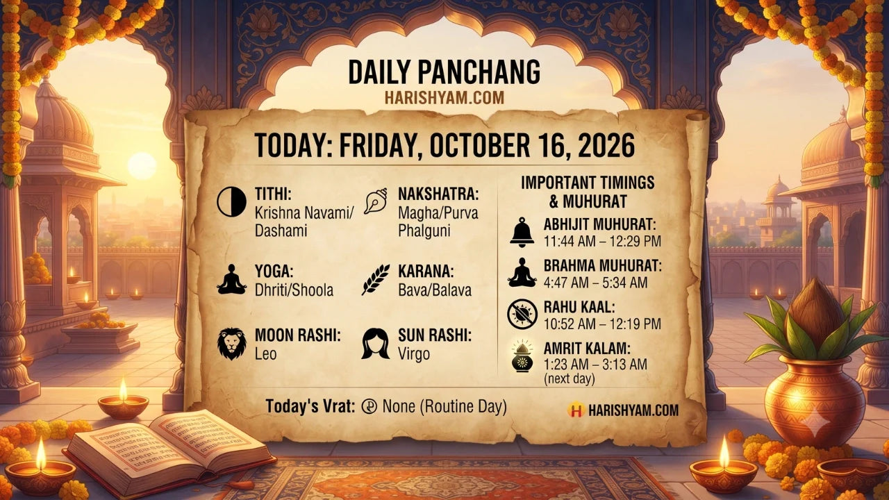 Aaj Ka Panchang 16 October 2026: Tithi, Nakshatra, Rahu Kaal, Shubh Muhurat & Choghadiya