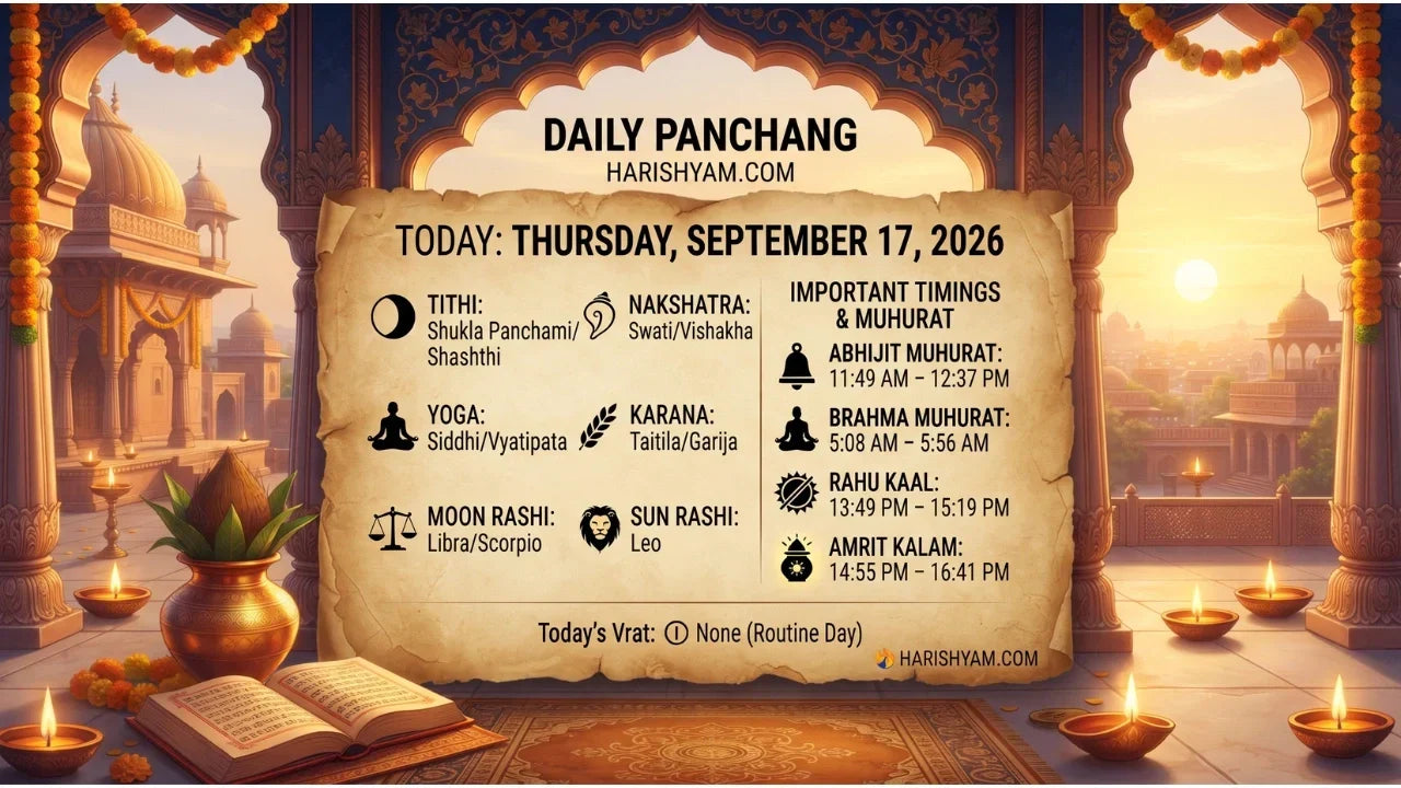 Aaj Ka Panchang 17 September 2026: Tithi, Nakshatra, Rahu Kaal, Shubh Muhurat & Choghadiya