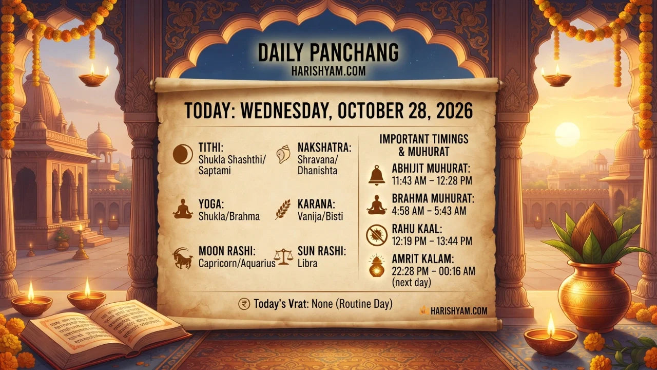 Aaj Ka Panchang 28 October 2026: Tithi, Nakshatra, Rahu Kaal, Shubh Muhurat & Choghadiya