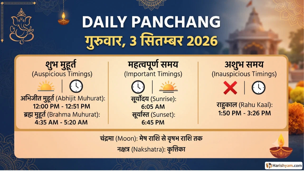Aaj Ka Panchang 3 September 2026: Tithi, Nakshatra, Rahu Kaal, Shubh Muhurat & Choghadiya