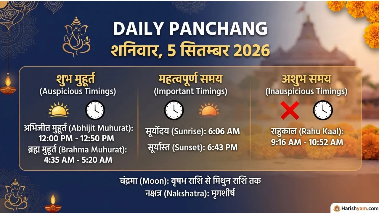 Aaj Ka Panchang 5 September 2026: Tithi, Nakshatra, Rahu Kaal, Shubh Muhurat & Choghadiya