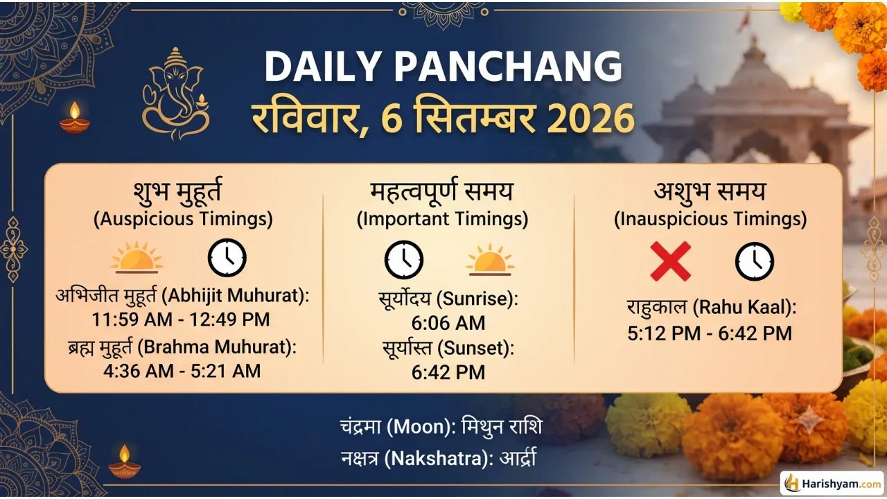 Aaj Ka Panchang 6 September 2026: Tithi, Nakshatra, Rahu Kaal, Shubh Muhurat & Choghadiya