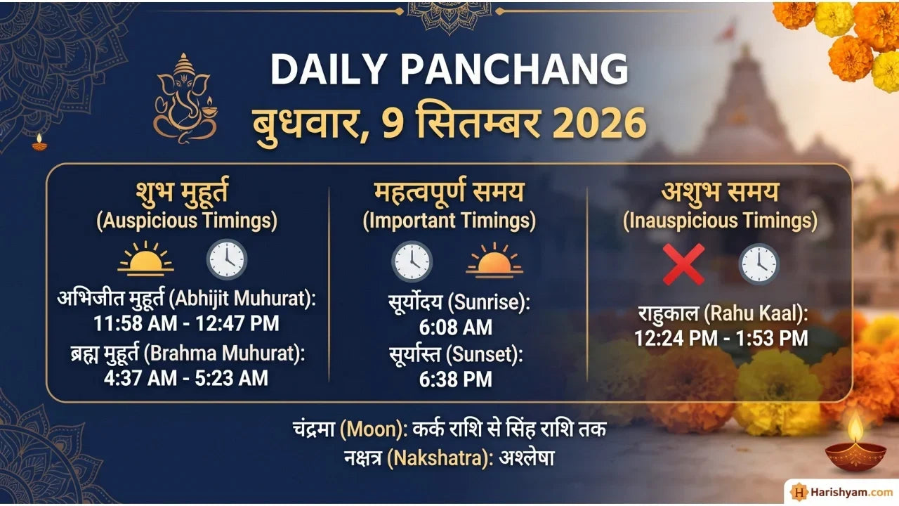 Aaj Ka Panchang 9 September 2026: Tithi, Nakshatra, Rahu Kaal, Shubh Muhurat & Choghadiya