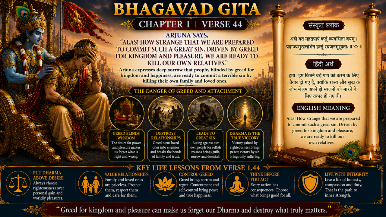 Bhagavad Gita Chapter 1 Verse 44 Meaning in Hindi and English