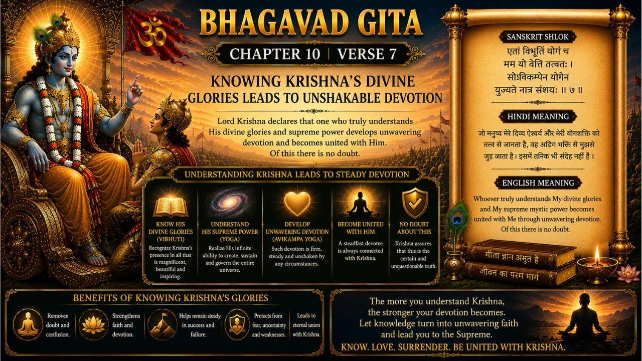 Bhagavad Gita Chapter 10 Verse 7 Meaning in Hindi & English
