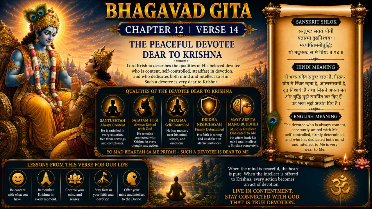 Bhagavad Gita Chapter 12, Verse 14 Meaning in Hindi & English