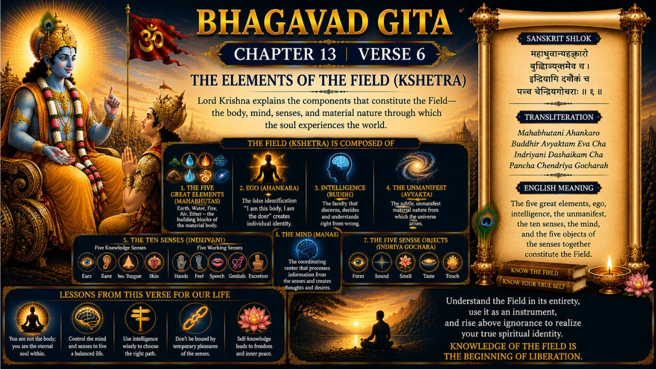 Bhagavad Gita Chapter 13, Verse 6 Meaning in Hindi & English
