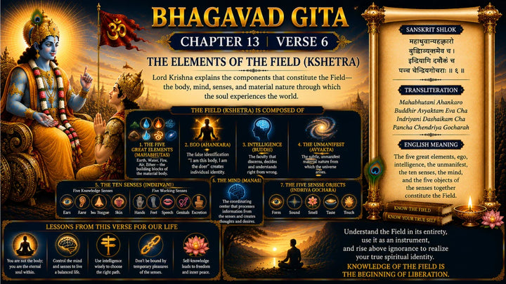 Bhagavad Gita Chapter 13, Verse 6 Meaning in Hindi & English