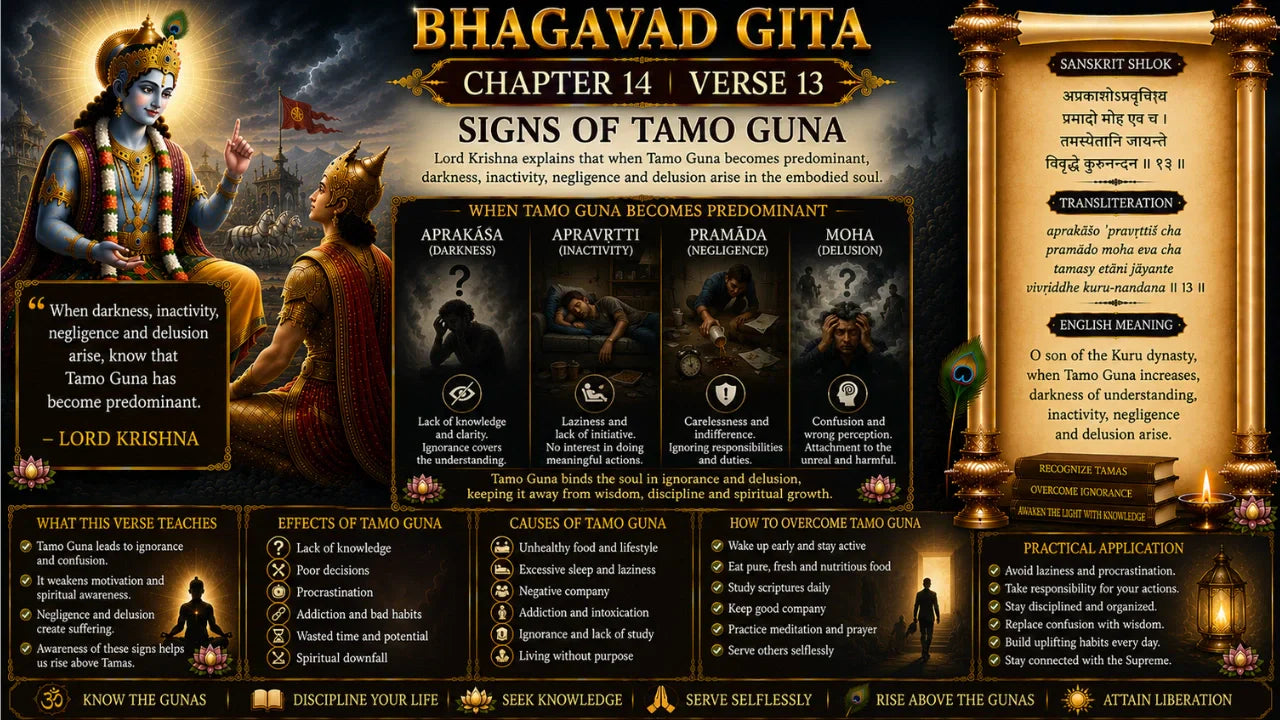 Bhagavad Gita Chapter 14, Verse 13 Meaning in Hindi & English