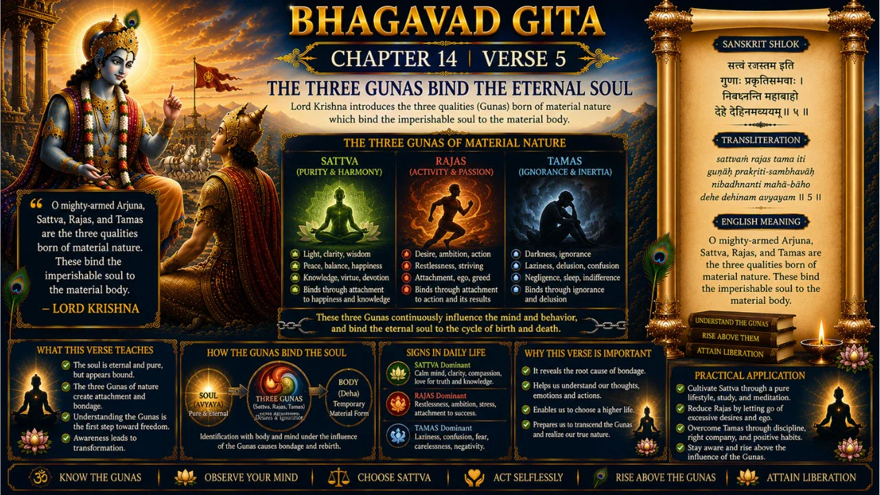 Bhagavad Gita Chapter 14, Verse 5 Meaning in Hindi & English