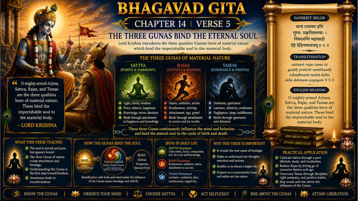 Bhagavad Gita Chapter 14, Verse 5 Meaning in Hindi & English