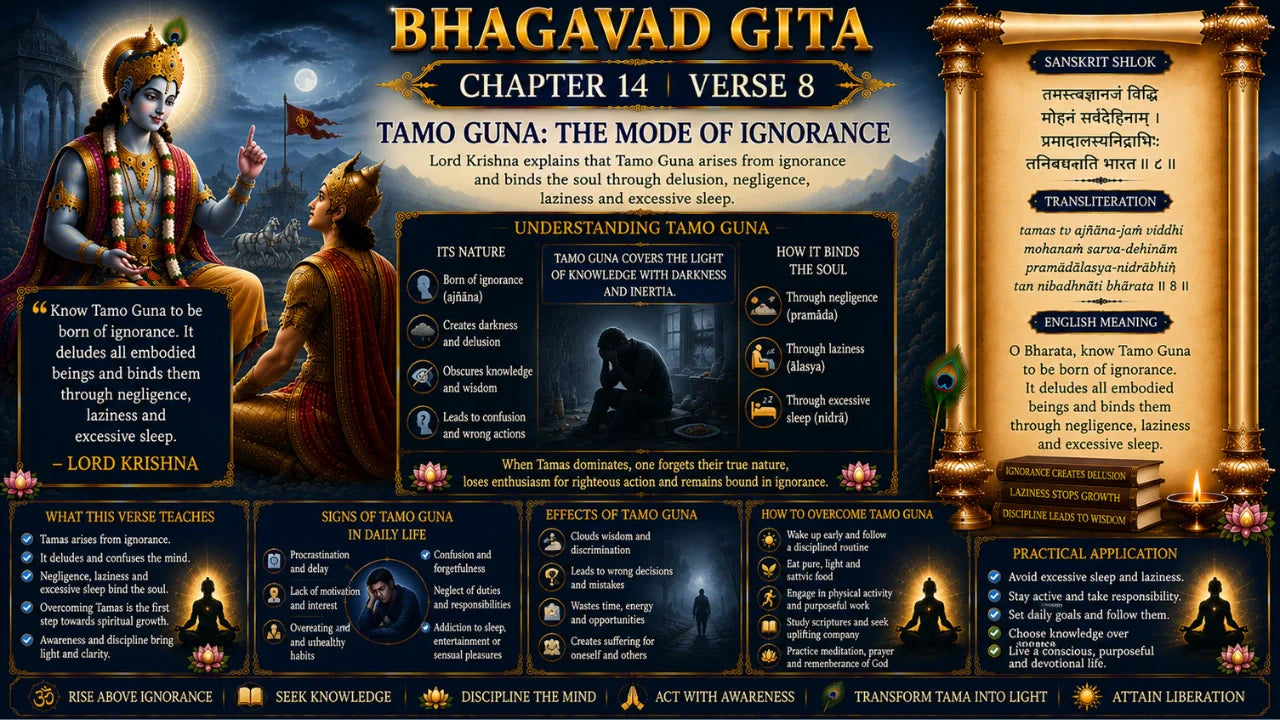 Bhagavad Gita Chapter 14, Verse 8 Meaning in Hindi & English