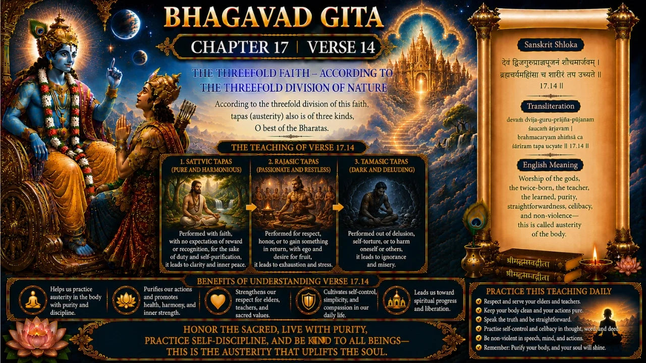 Bhagavad Gita Chapter 17, Verse 14 Meaning in Hindi & English