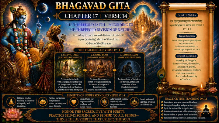 Bhagavad Gita Chapter 17, Verse 14 Meaning in Hindi & English