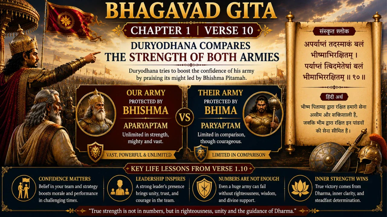 Bhagavad Gita Chapter 1 Verse 10 Meaning in Hindi and English