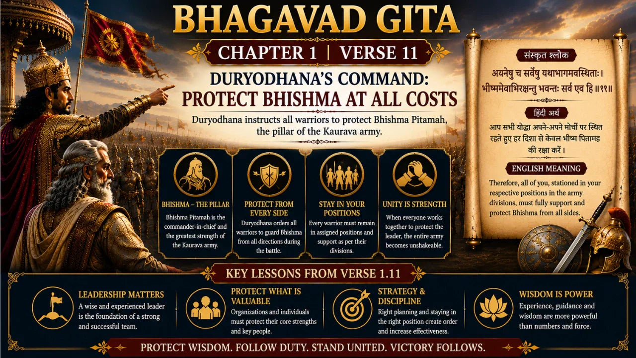Bhagavad Gita Chapter 1 Verse 11 Meaning in Hindi and English