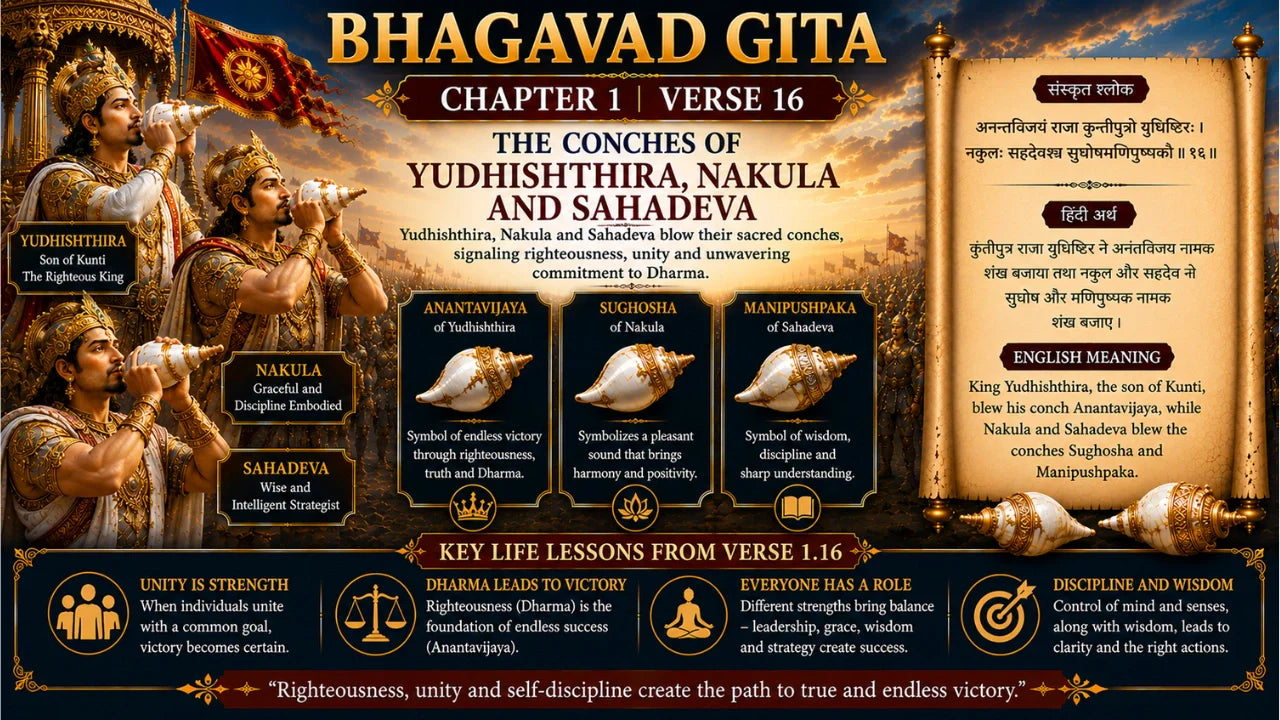 Bhagavad Gita Chapter 1 Verse 16 Meaning in Hindi and English
