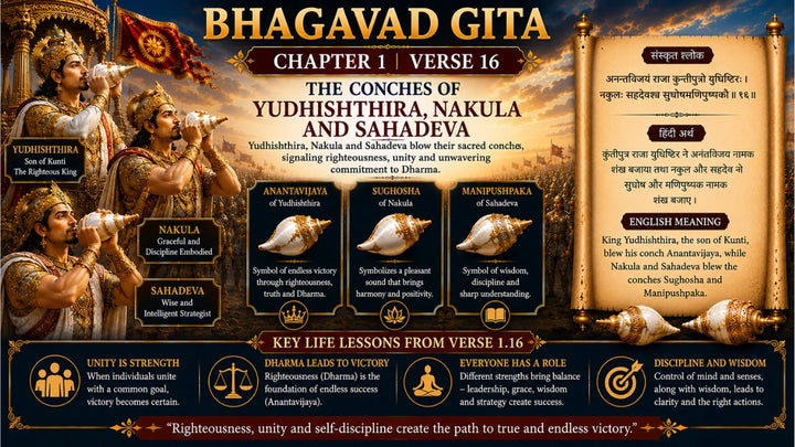 Bhagavad Gita Chapter 1 Verse 16 Meaning in Hindi and English