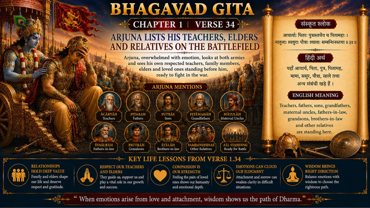 Bhagavad Gita Chapter 1 Verse 34 Meaning in Hindi and English