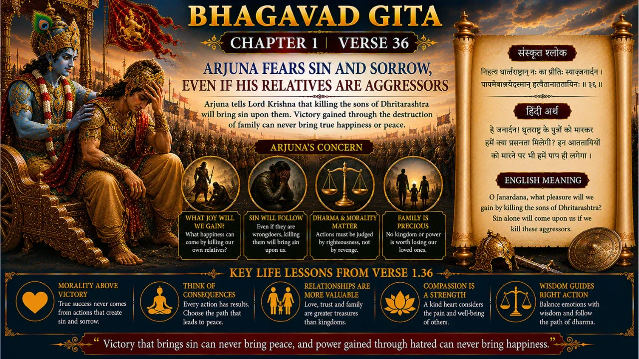 Bhagavad Gita Chapter 1 Verse 36 Meaning in Hindi and English
