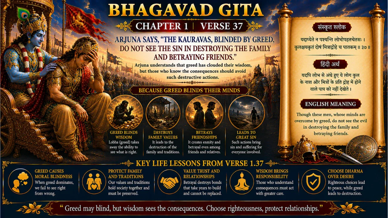 Bhagavad Gita Chapter 1 Verse 37 Meaning in Hindi and English