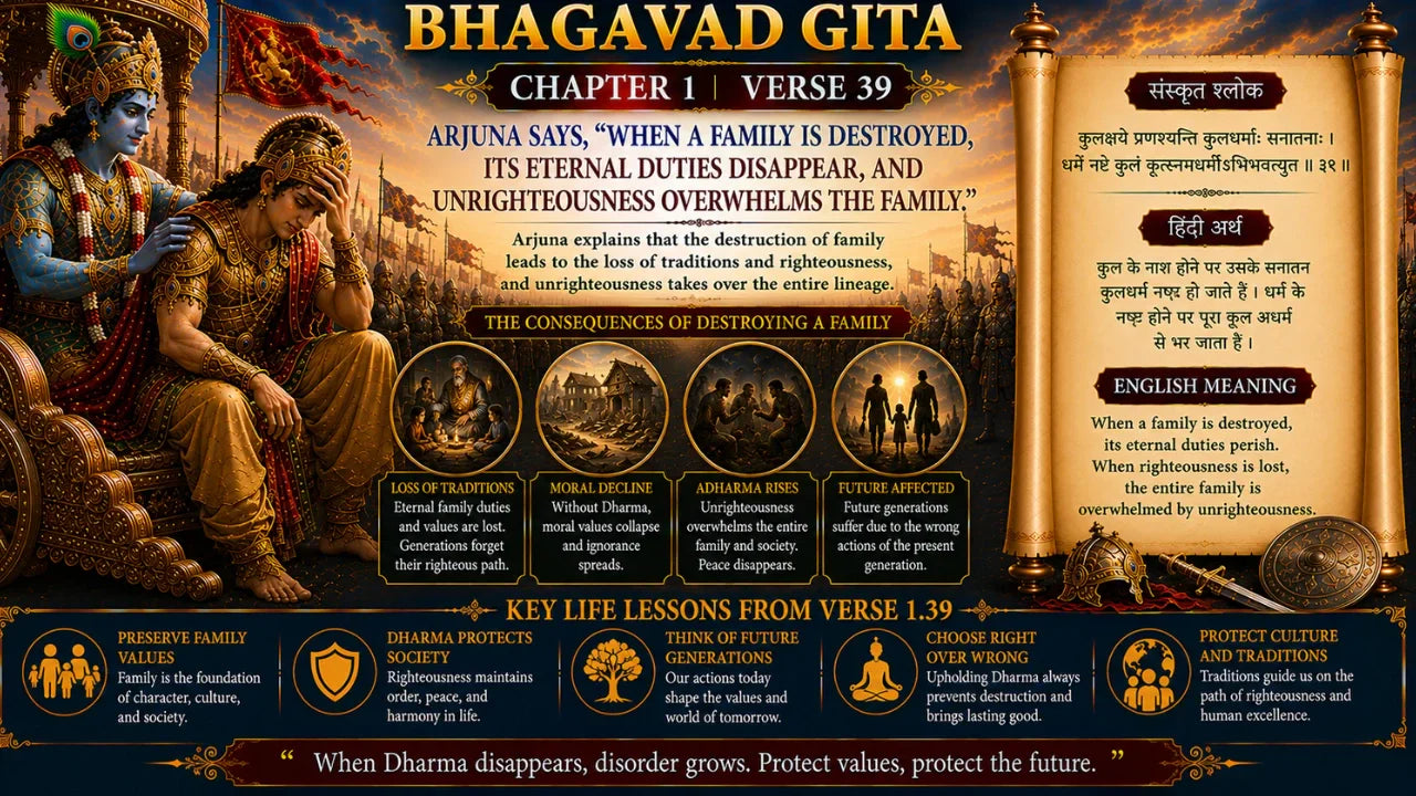 Bhagavad Gita Chapter 1 Verse 39 Meaning in Hindi and English
