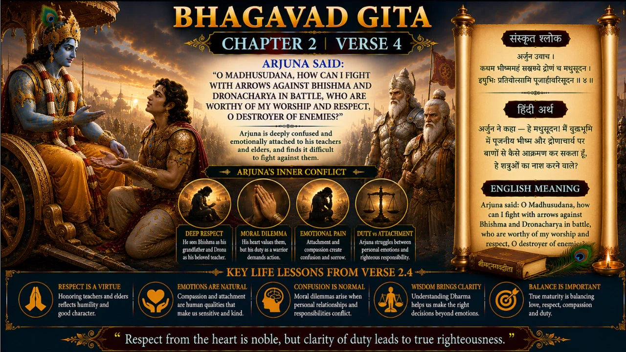 Bhagavad Gita Chapter 2 Verse 4 Meaning in Hindi and English