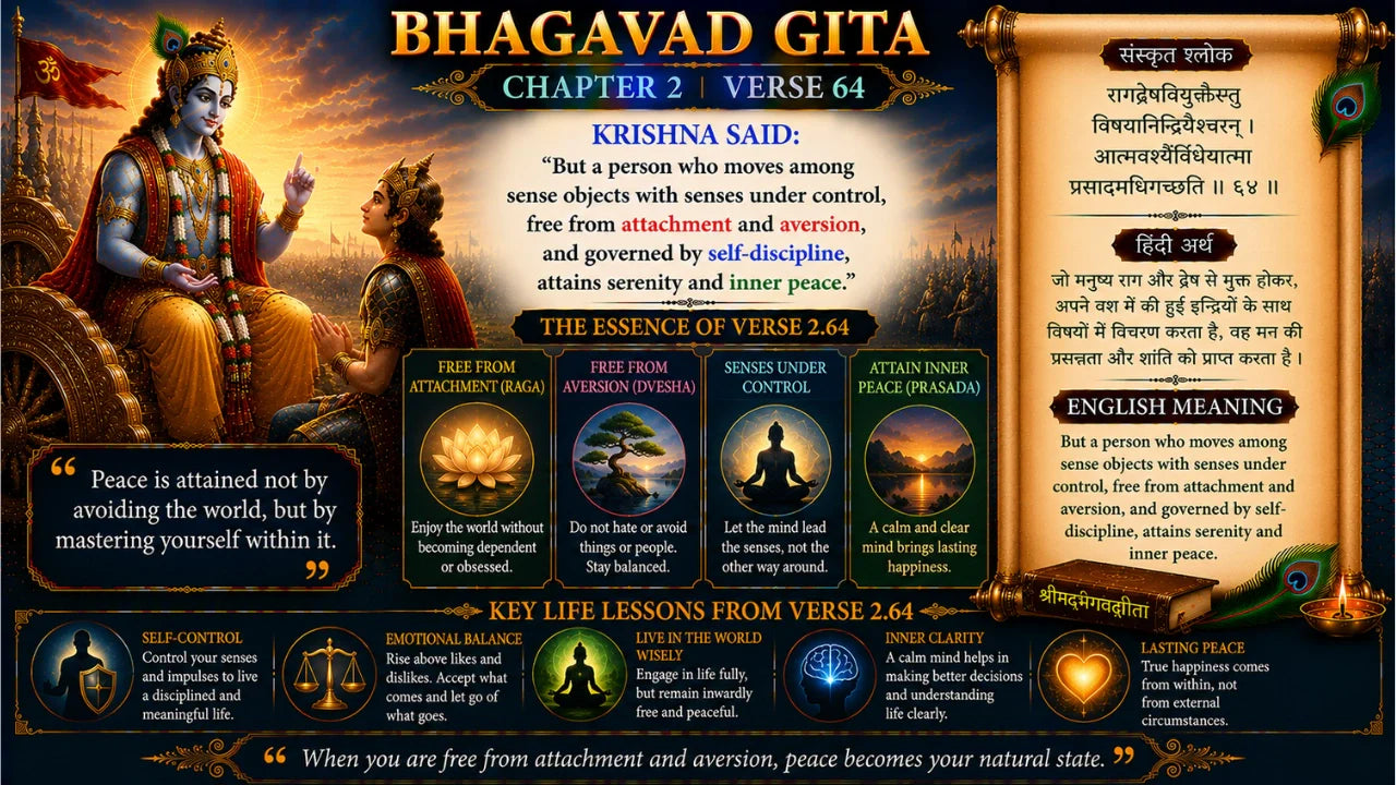Bhagavad Gita Chapter 2 Verse 64 Meaning in Hindi and English