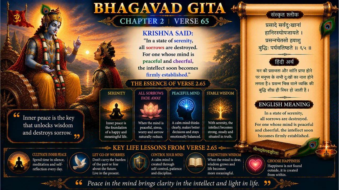 Bhagavad Gita Chapter 2 Verse 65 Meaning in Hindi and English